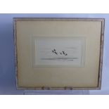 Sir Peter M Scott (1909-1989) Geese over Loch, pen and ink drawing signed lower left, framed and