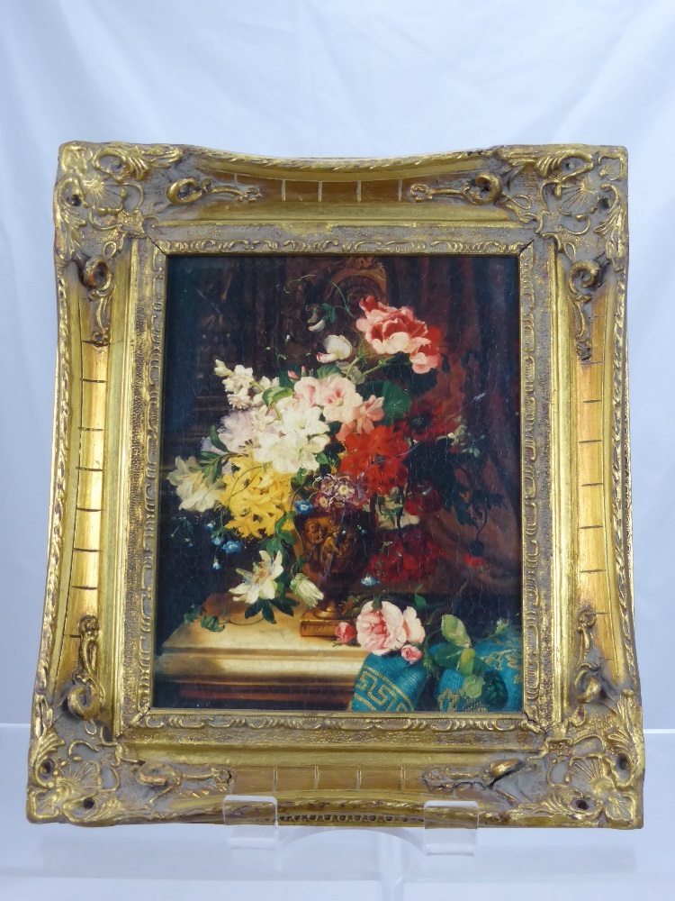 Two Gilt Style Framed Pictures Depicting Flowers, approx 19 x 24 cms.