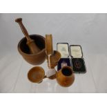 A Quantity of Treen, cruet set and a pestle and mortar together with a bronze Rifle Club medallion