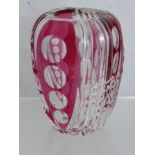 A Signed Cut Glass Vase, the vase having ruby overlay approx 15 cms high.