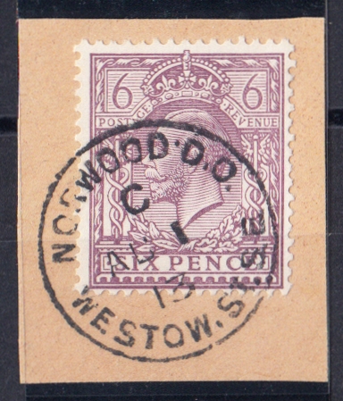 1913 (Aug 1st) 6d purple on piece with N