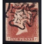 1841 1d red, (black) plate 10, B-F, used