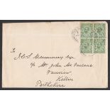 1911 ½d green block of 4 on plain FDC wi