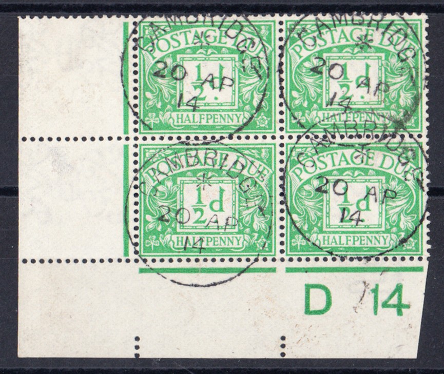 1914 Postage Due ½d green Cylinder D14 b