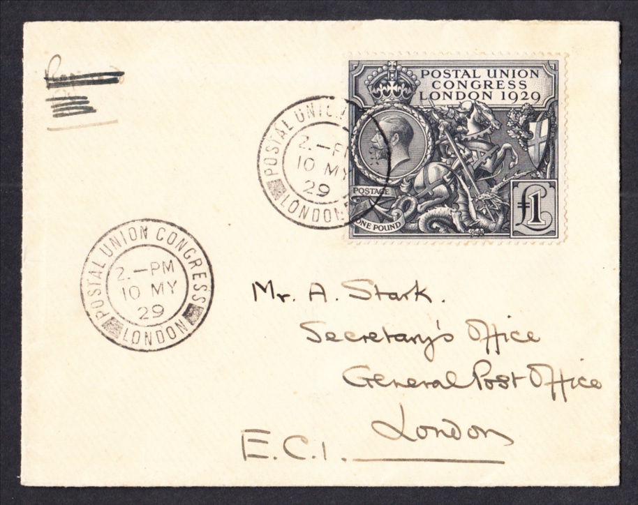 1929 PUC £1 on plain FDC with Postal Uni