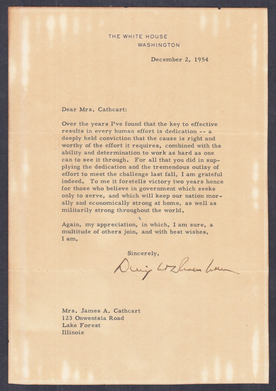 Dwight Eisenhower: 1954 typed letter signed by Dwight Eisenhower, fair condition. With R & R Cert.