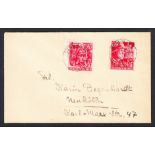 1945 12th Anniv of Third Reich pair on cover addressed locally with Berlin 21.4.45 cds on each.