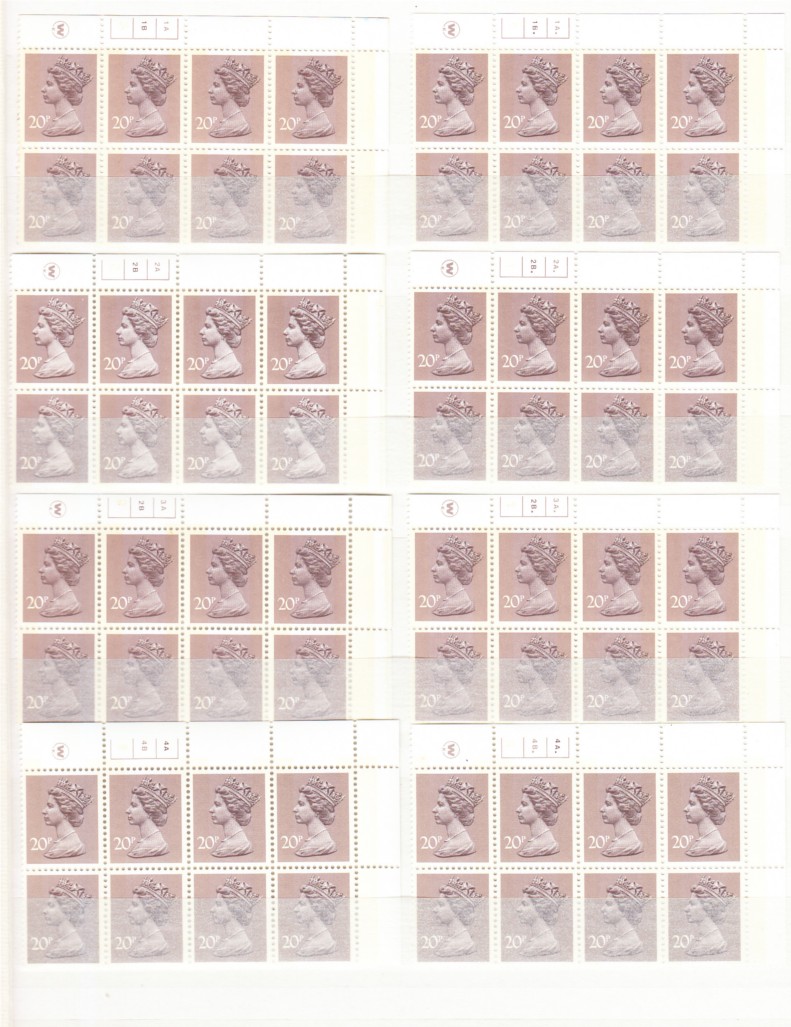Waddington 4p & 20p plate blocks of 6 or 8 collection on stocksheets. MCC Cat £290 (77 blocks)