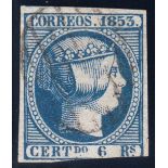 1853 6r deep blue F/U, cut into at lower right but good to large margins elsewhere. SG 26a Cat £500