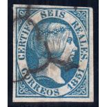 1851 6r deep blue F/U, 4 good to large margins, fine. SG 13b Cat £1500 (see photo)