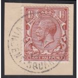 1912 (Oct 15th) Royal Cypher 1½d brown on piece only with Vincent Square SW CDS. (Cat £900 on FDCs)