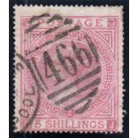 1867-83 5/- rose, plate 2, G-J, good used with neat Liverpool duplex, centred to base. SG 127 Cat