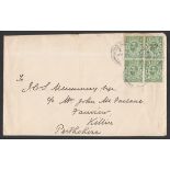 1911 ½d green block of 4 on plain FDC with Wood Green CDS. Neatly slit open at bottom, slight