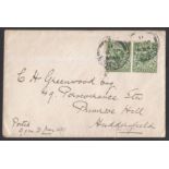 1911 ½d green pair on plain FDC with Todmorden CDS dated June 21st = day before issue. Flap on