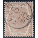 1872 (Oct 19th) 6d pale buff single stamp cancelled with Clones CDS on First Day. (SG 123) (Cat