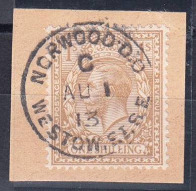 1913 (Aug 1st) 1/- bistre on piece with Norwood CDS. Cat £2275