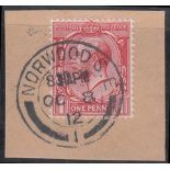 1912 (Oct 8th) 1d Royal Cypher on piece only with Norwood CDS. (Cat £1000 on FDC)