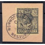 1913 (Aug 1st) 8d black on yellow on piece with Norwood CDS. Cat £2275