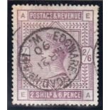 1883-84 2/6d lilac on blued paper, E-A, good used with neat Edgware Road cds, slight soiling. SG