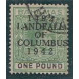 1942 Columbus £1 deep grey-green & black (thick paper) with Dot in "O" of "OF" variety F/U, fine.