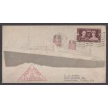 1939 (June 17th) R.M.S.Mauretania Maiden Voyage illustrated cover with  Liverpool wavy line cancel.