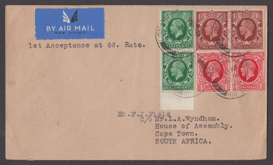 1934 (Nov 19th) Air Mail cover bearing photo ½d (2), 1d (2) & 1½d (2) cancelled with London F.S.