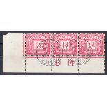 1914 Postage Dues ½d, 1d & 2d in matching Control D14 strips of 3 off cover,