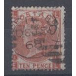 1867-80 10d red-brown used with cds & part numeral cancel, centred to SW, fine.