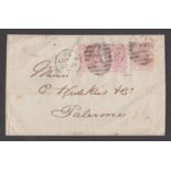 1877 entire from London to Palermo bearing 2½d rosy mauve, plate 7, N-L, K-K & N-K,