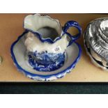 LARGE BLUE AND WHITE JUG AND BOWL