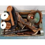 BOX OF GLASS & WOODEN ITEMS INC. LAMP & WOOD BLOCK