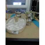 PLATE ITEMS, SALT AND PEPPER, T-POT, CHINA JAM POT AND GLASS SECTION TRAY