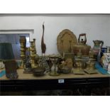LARGE QUANTITY OF MIXED BRASS ITEMS INC CANDLESTICKS, BELLS