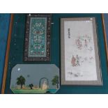 2 FRAMED ASIAN EMBROIDERED FABRIC PANELS + HAND PAINTED MIRROR