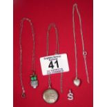 3 X SILVER CHAINS WITH PENDANTS AND ONE OTHER PENDANT