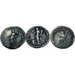 Trajan. Lot de 3 deniers: L’Equité debout, laPaix debout, Vesta voilée assise. 3grs, 3,1grs et3,