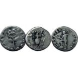Vespasien. Lot de 3 deniers: R/ Caducée, Instrumentsde sacrifice et Neptune tenant un dauphinet un