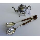 A pair of Epns and wooden salad servers together with an Epns bachelor's teapot (3)