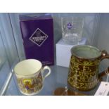 Slip ware 'Be Merry and Careful' frog mug together with two commemorative china mugs and Edinburgh