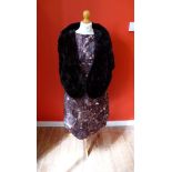 A vintage lady's brown floral printed dress with full skirt together with a brown fur wrap (2)