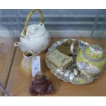 A mixed lot to include an Epns circular waiter, various souvenir teaspoons, stoneware bottle vase,