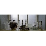 A mixed lot to include brass candlesticks, crystal candlesticks, decanters, bowls and Epns wine