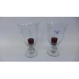 A pair of etched glass stem lantern candle holders (2) 22cm high