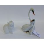 Herend porcelain figure of two swans and a Herend porcelain figure of a seated cat (2)