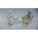 Mintons white glazed cornucopian vase and male and female figure groups (one restored) (2)