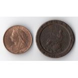 1901 penny UNC much lustre plus twopence 1797 F Reserve: £45