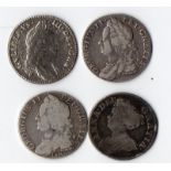 Shillings x 4 1711 Fair Ek, 1745 (Lima) Fair, 1750 GF and William 3rd date indistinct Reserve: £50