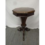 Victorian mahogany hexagonal sewing table with satinwood inlays on tripod base - A/F