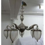 A silver plated Art Deco five branch chandelier with frosted glass shades