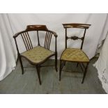 An Edwardian inlaid corner chair and another